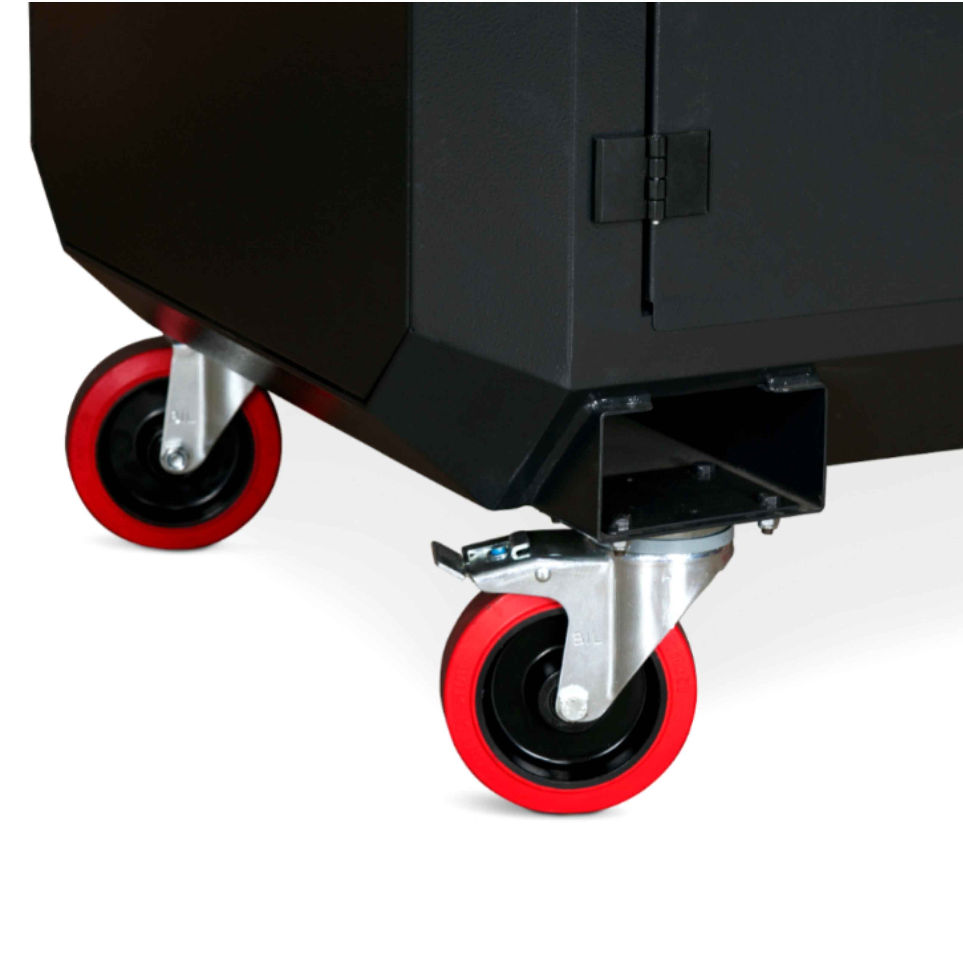 Close-up of a black armorgard cutting table ss7 t  with red wheels on a white background