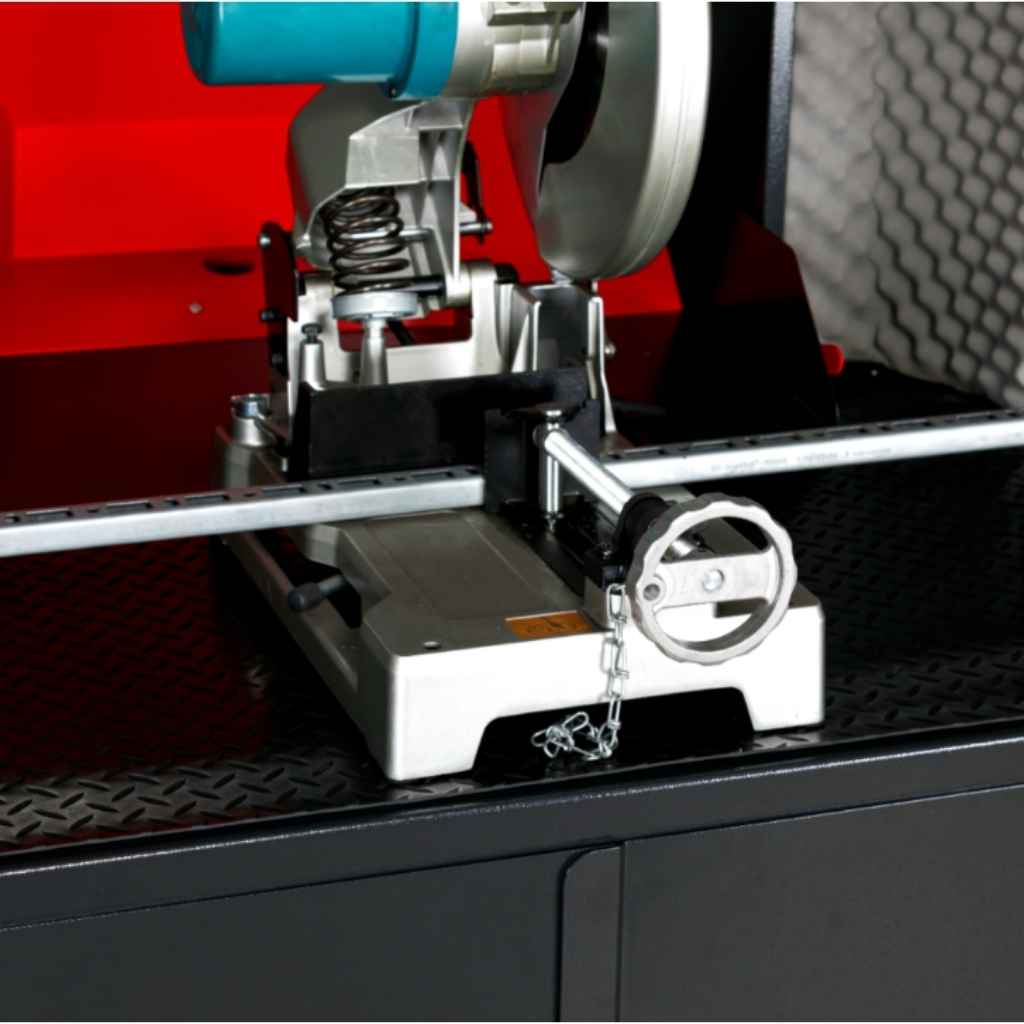 armorgard ss7 cutting station in operation on a workshop table with red and black background