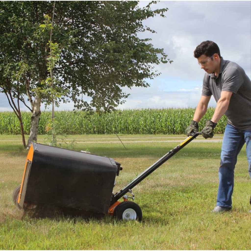 Person using a lawn edger in a grassy area with trees and cornfield in the background