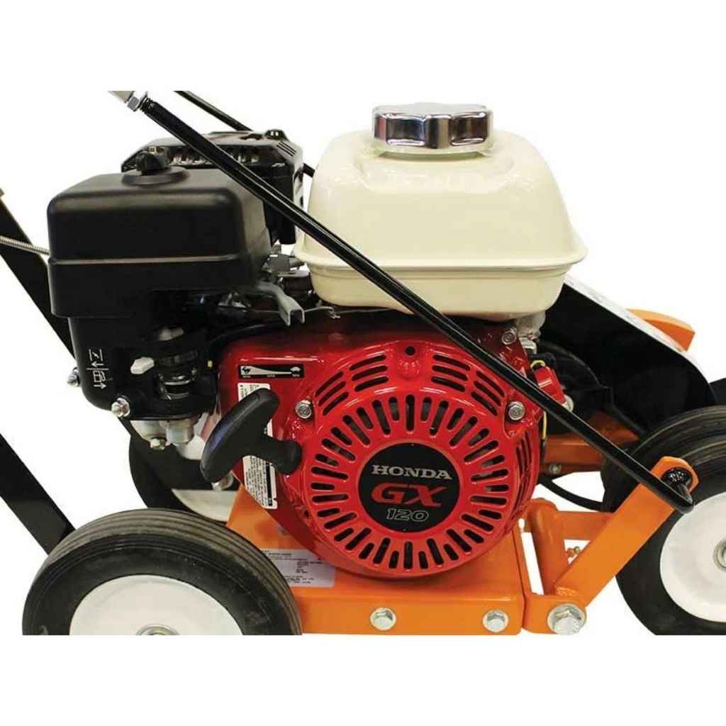 Close-up of a brave 10 inch lawn edger with a Honda GX engine on a lawn mower with a white background