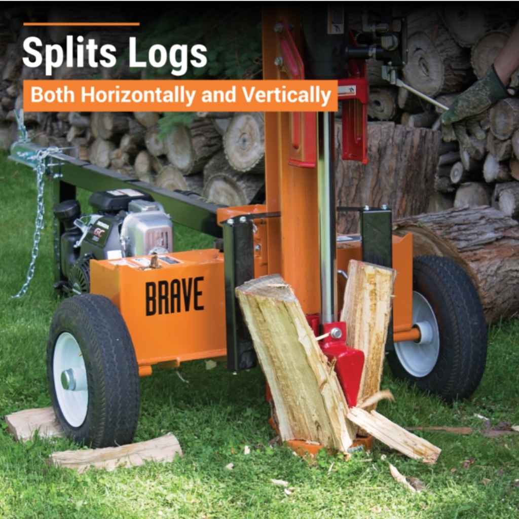 Orange bravepro 24 ton towable log splitter labeled 'BRAVE' with split logs on a grassy area.
