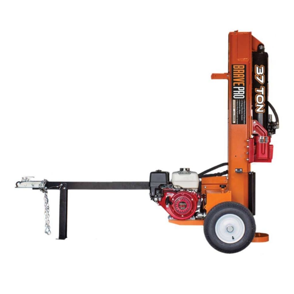 Orange and black brave 37 ton splitter with visible branding on a white background