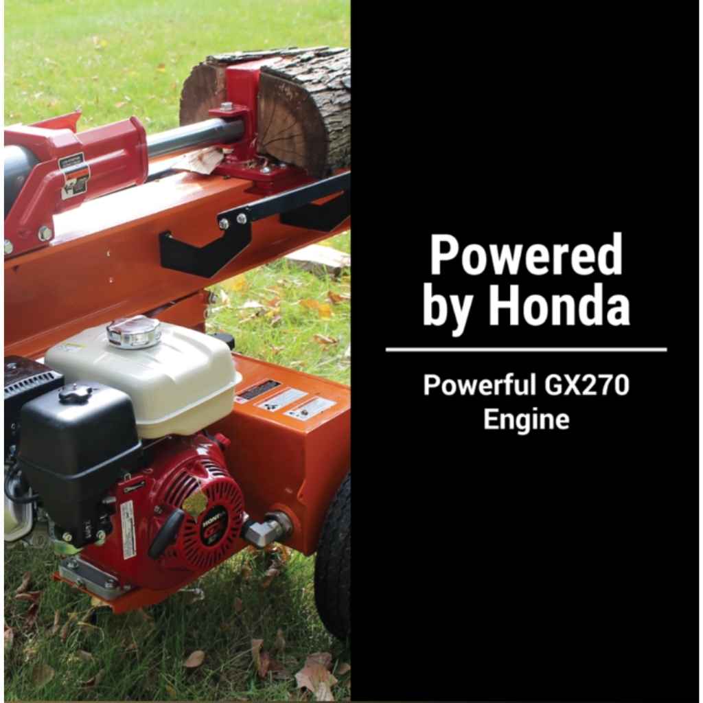 Red wood and orange brave 37 ton towable splitter with Honda engine on a grassy background