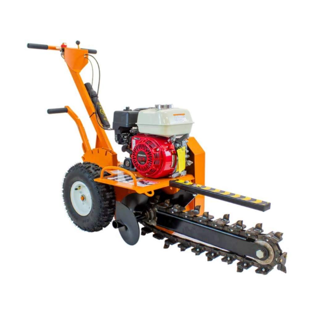 Orange and black brave pro 18 in. trencher with a red engine on a white background