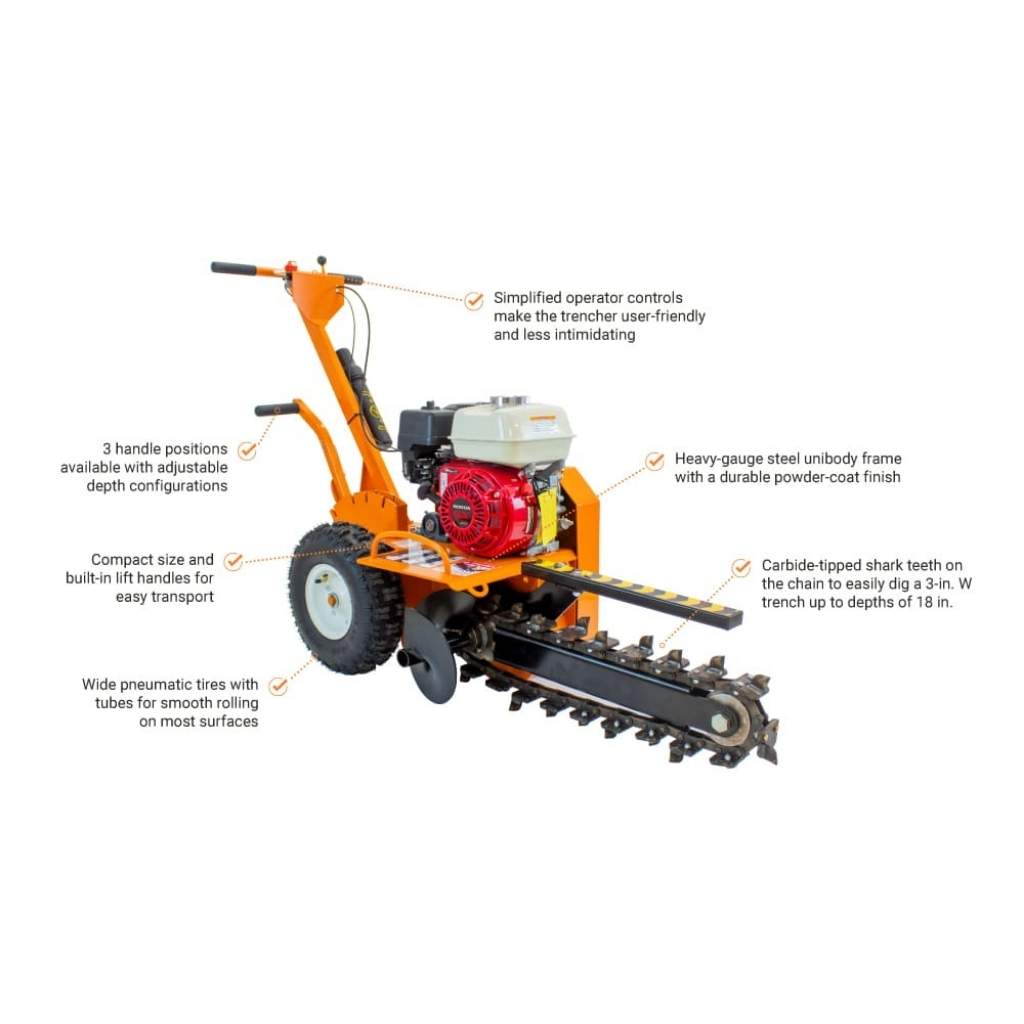 Orange bravepro 18 trencher with features highlighted on a white background