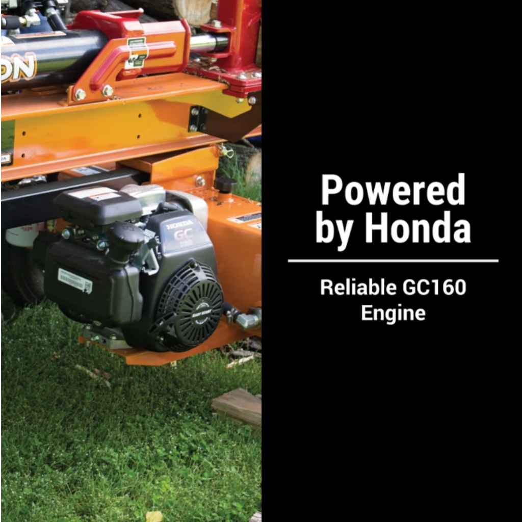 brave 24 ton log splitter with Honda engine on grass, featuring 'Powered by Honda' text.