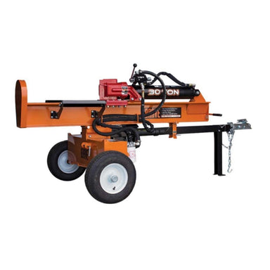 Orange and black brave 30 ton log splitter on a white background