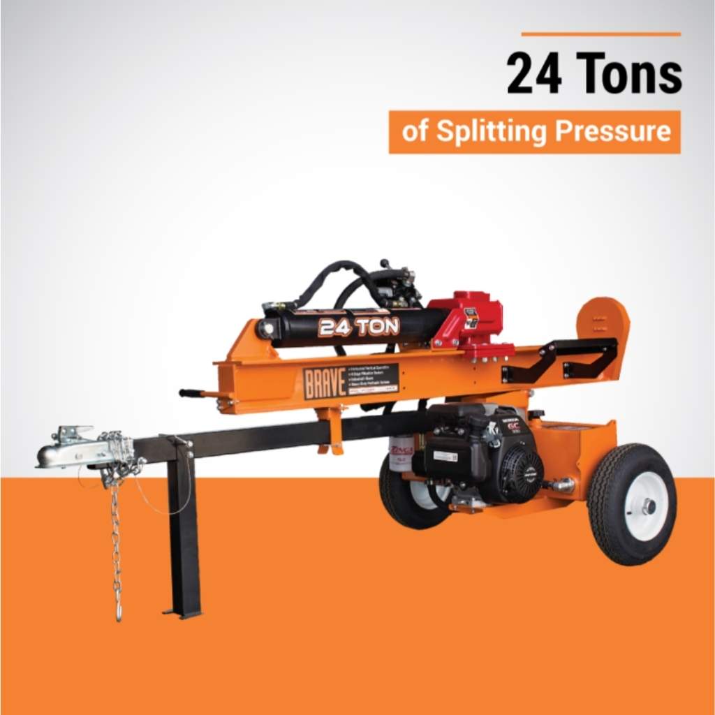 Orange brave pro towable log splitter 24 ton with '24 Tons of Splitting Pressure' text on an orange and white background