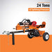 Orange brave pro towable log splitter 24 ton with '24 Tons of Splitting Pressure' text on an orange and white background
