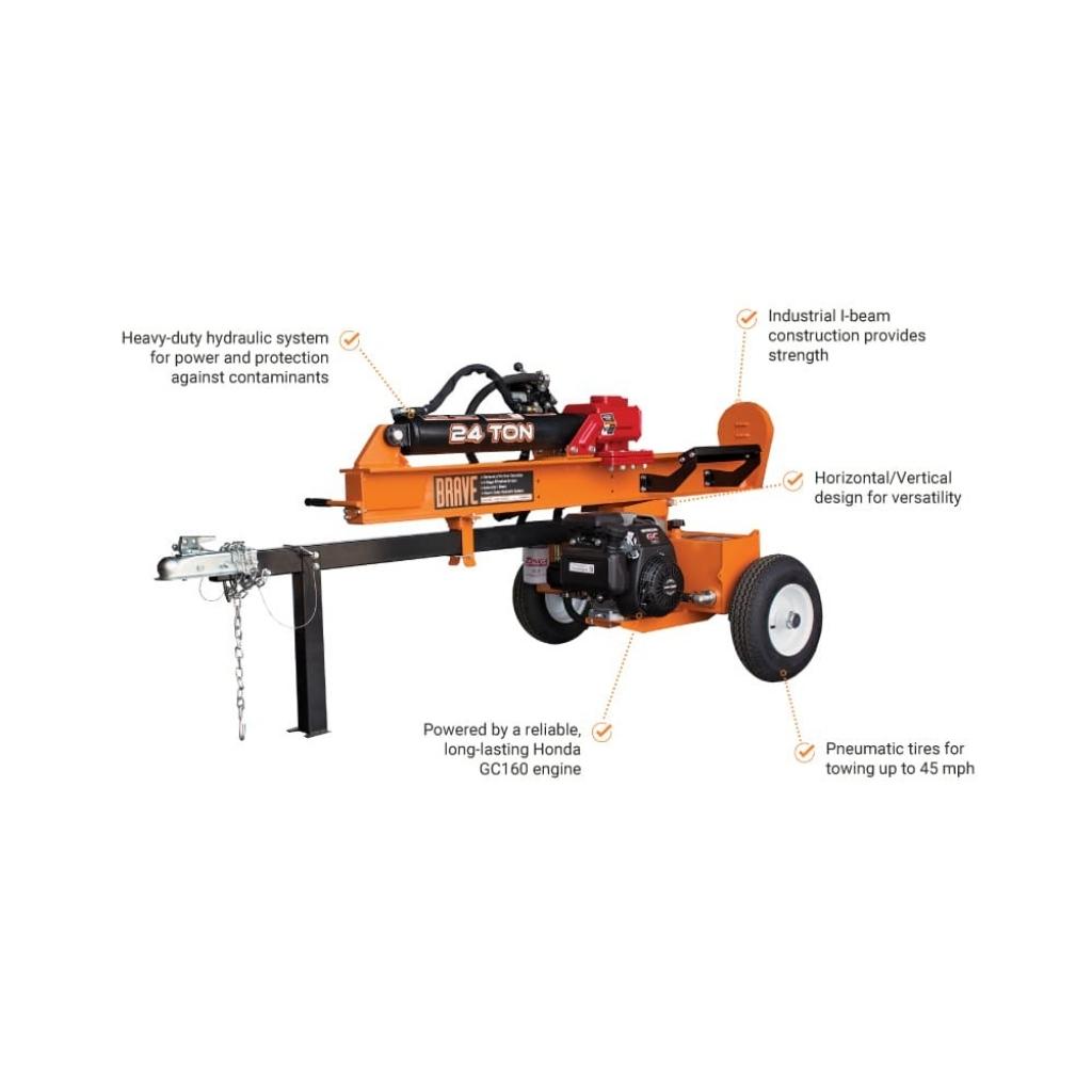 brave 24 ton towable log splitter with features highlighted on a white background