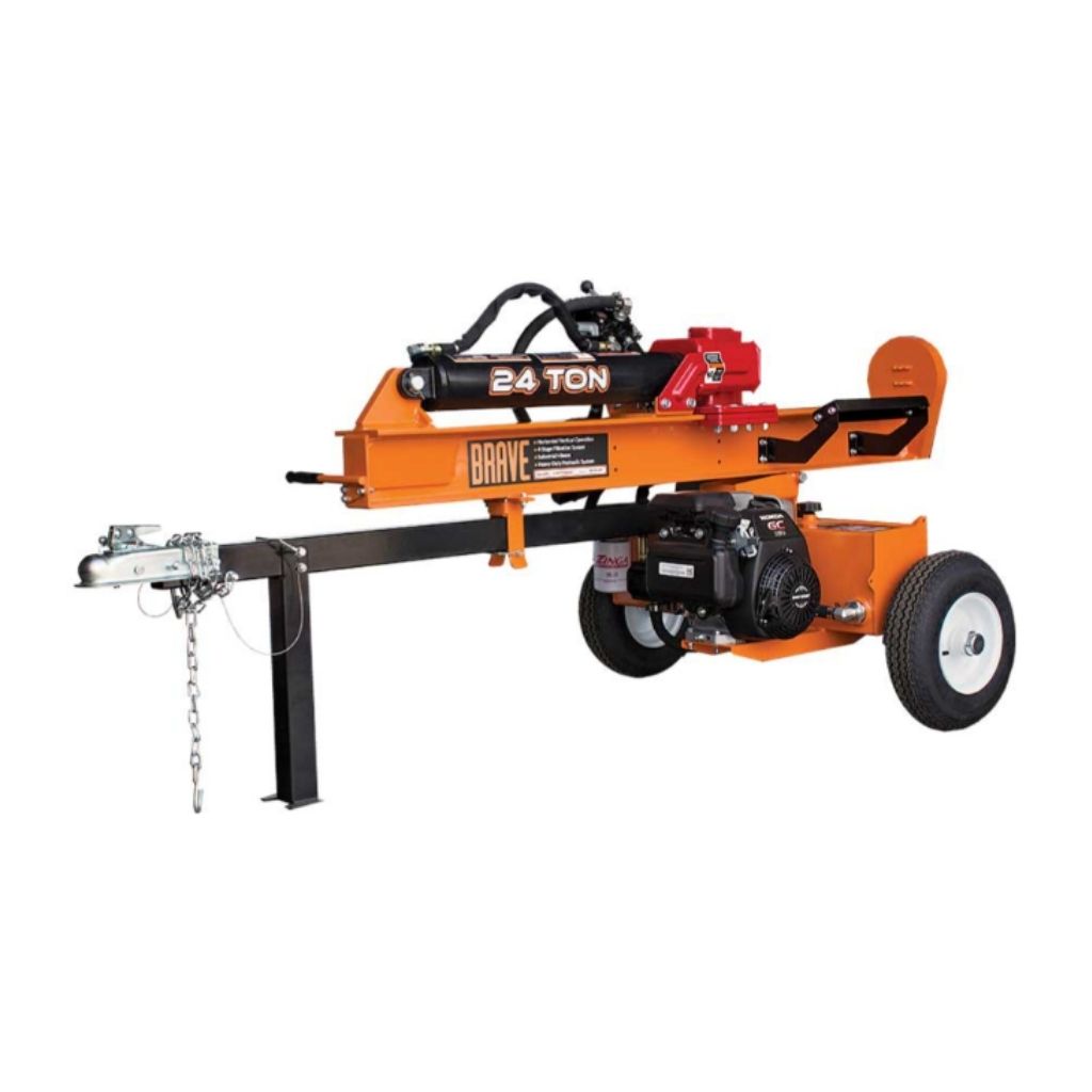 Orange and black brave towable 24 ton log splitter with 'Brave' branding on a white background