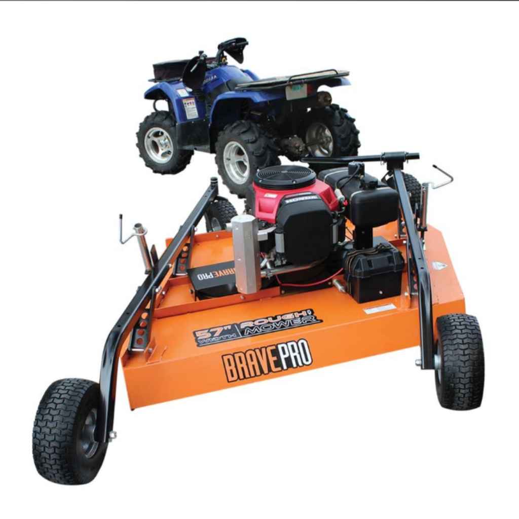 Orange bravepro rough cut mower with a blue ATV on top, branded 'Brave Pro', on a white background