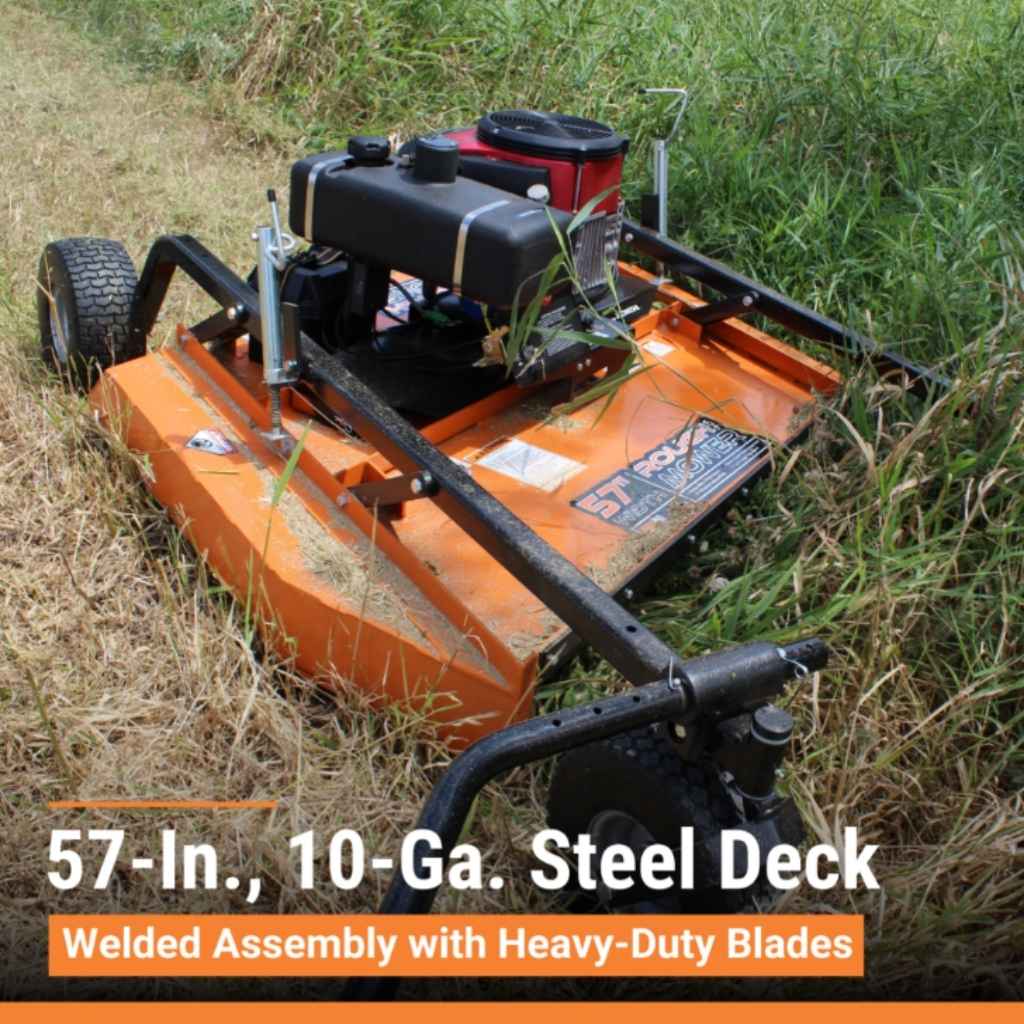 Orange brave pull behind rough cut mower with text about steel deck size and blade details on a grassy background