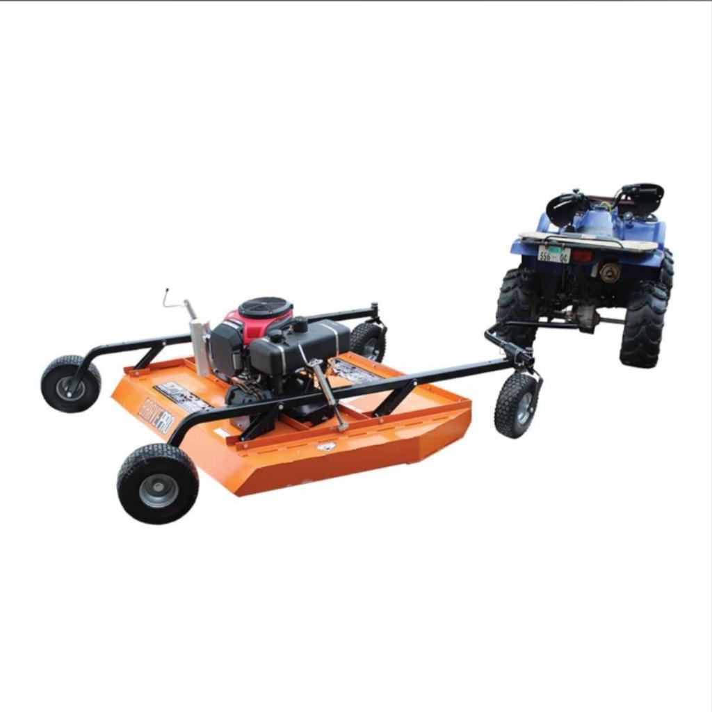 Orange brave rough cut mower attached to a small vehicle on a white background