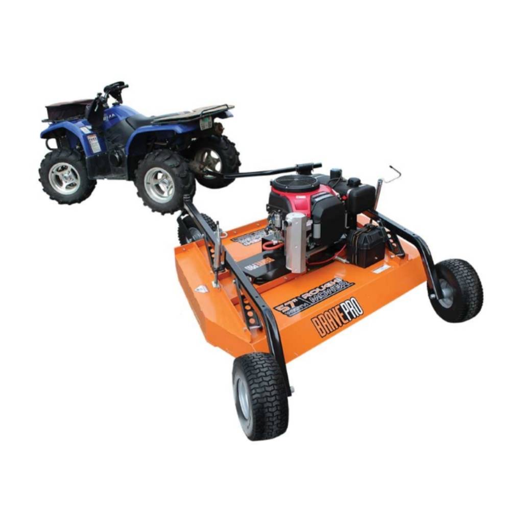 Orange brave pull behind rough cut mower with black wheels and a blue ATV on a white background