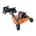 Orange brave pull behind rough cut mower with black wheels and a blue ATV on a white background