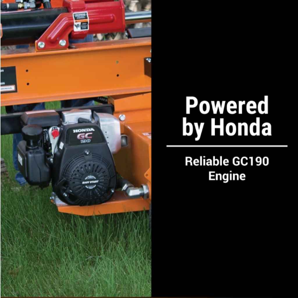 Orange brave 30 ton log splitter with Honda engine on grass, featuring 'Powered by Honda' text.