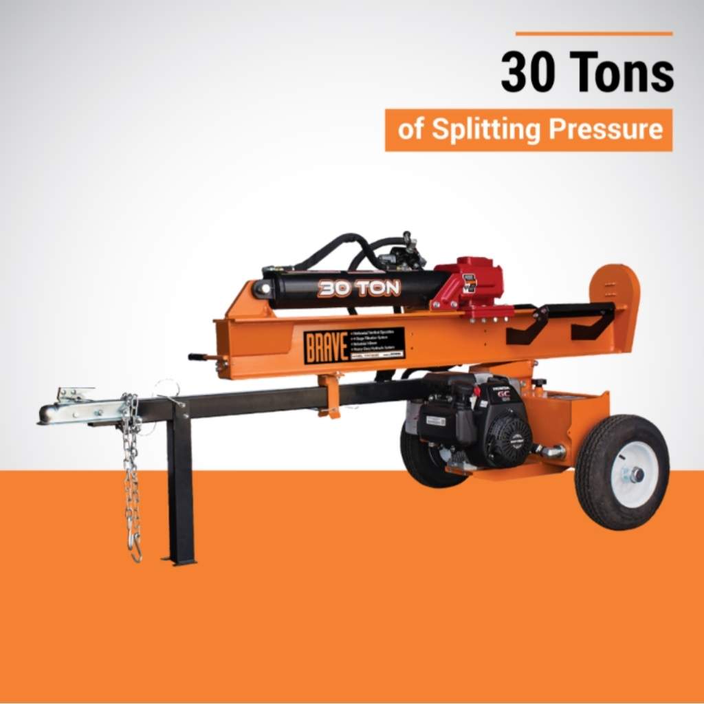 Orange brave pro log splitter 30 ton with '30 Tons of Splitting Pressure' text on an orange and white background