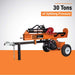 Orange brave pro log splitter 30 ton with '30 Tons of Splitting Pressure' text on an orange and white background