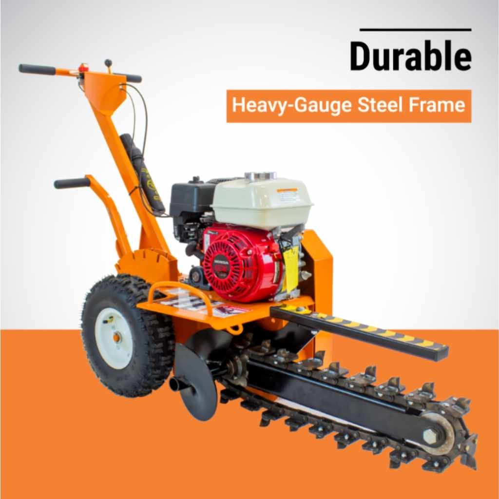 Orange bravepro 18 inch trencher with engine on an orange and gray background, featuring text about a durable heavy-gauge steel frame.
