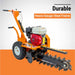 Orange bravepro 18 inch trencher with engine on an orange and gray background, featuring text about a durable heavy-gauge steel frame.