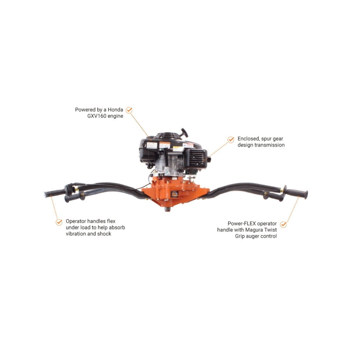 Illustration of a bravepro two man earth drill with labeled features on a white background