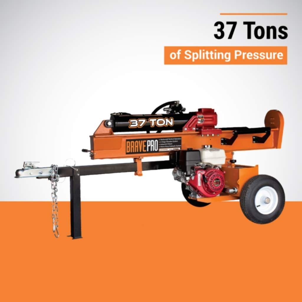 Orange Brave Pro log splitter 37 ton with a 37 ton capacity on a white and orange background