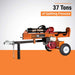 Orange Brave Pro log splitter 37 ton with a 37 ton capacity on a white and orange background