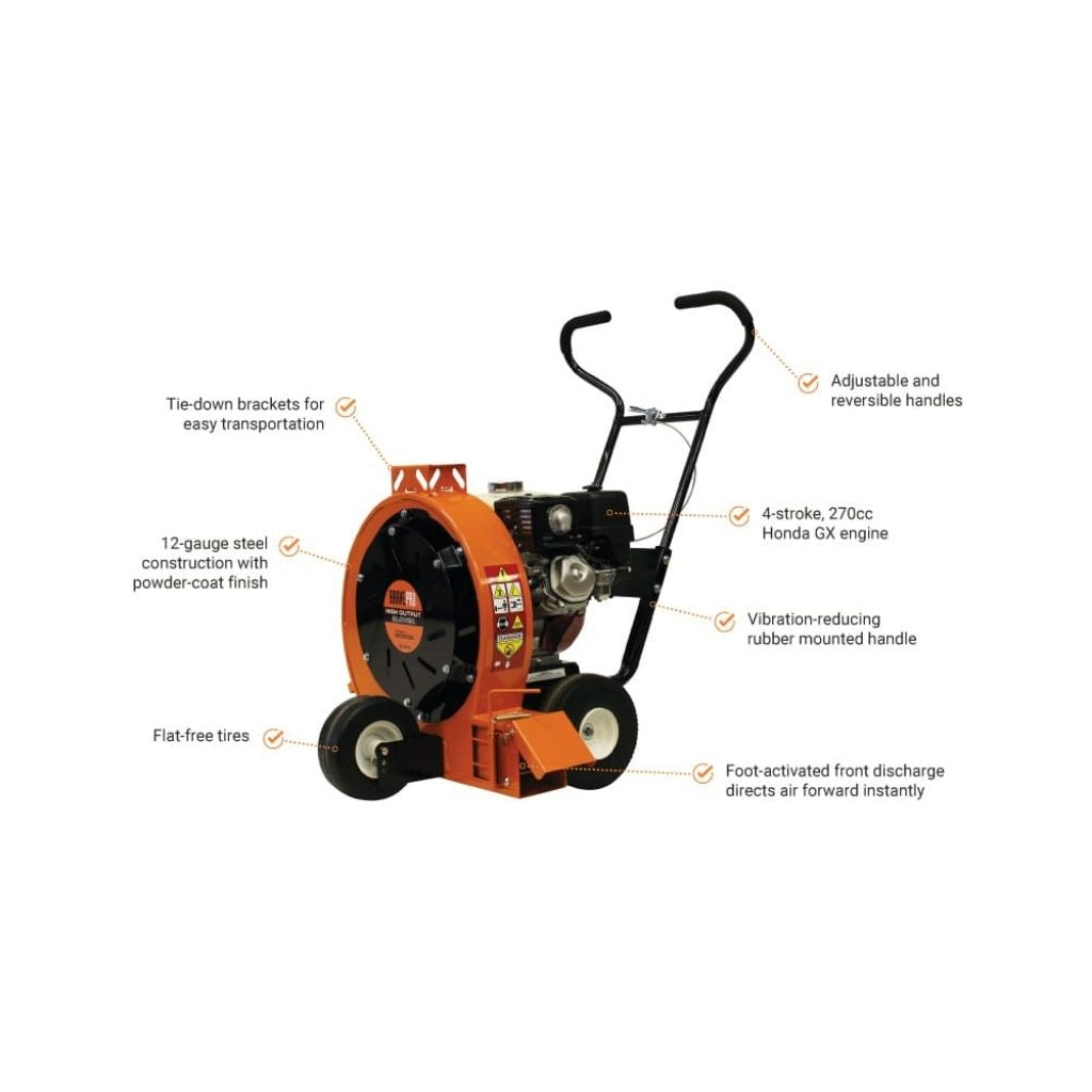 Brave walk behind leaf blower BRPB160H with features highlighted on a white background