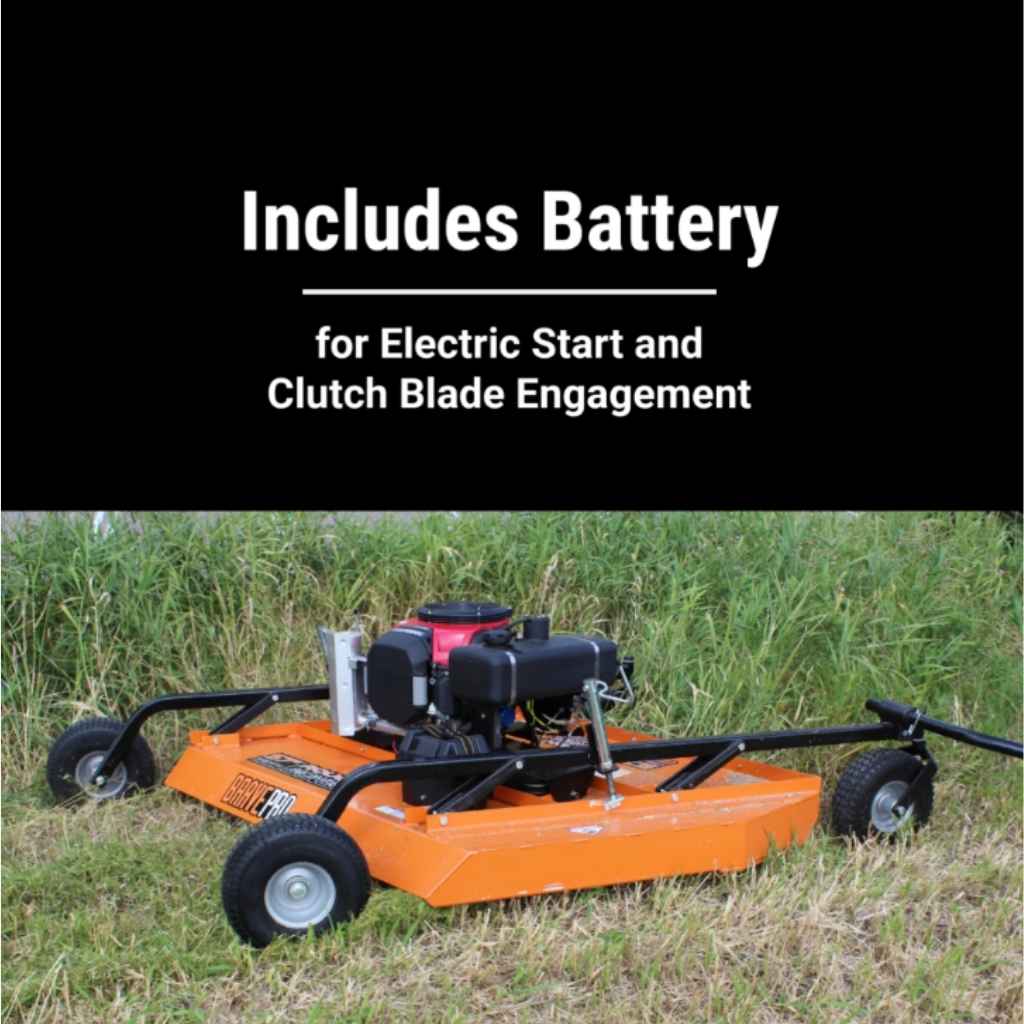 Orange brave rough cut tow behind mower with battery on grass, text about battery for electric start and clutch blade engagement.
