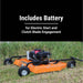 Orange brave rough cut tow behind mower with battery on grass, text about battery for electric start and clutch blade engagement.