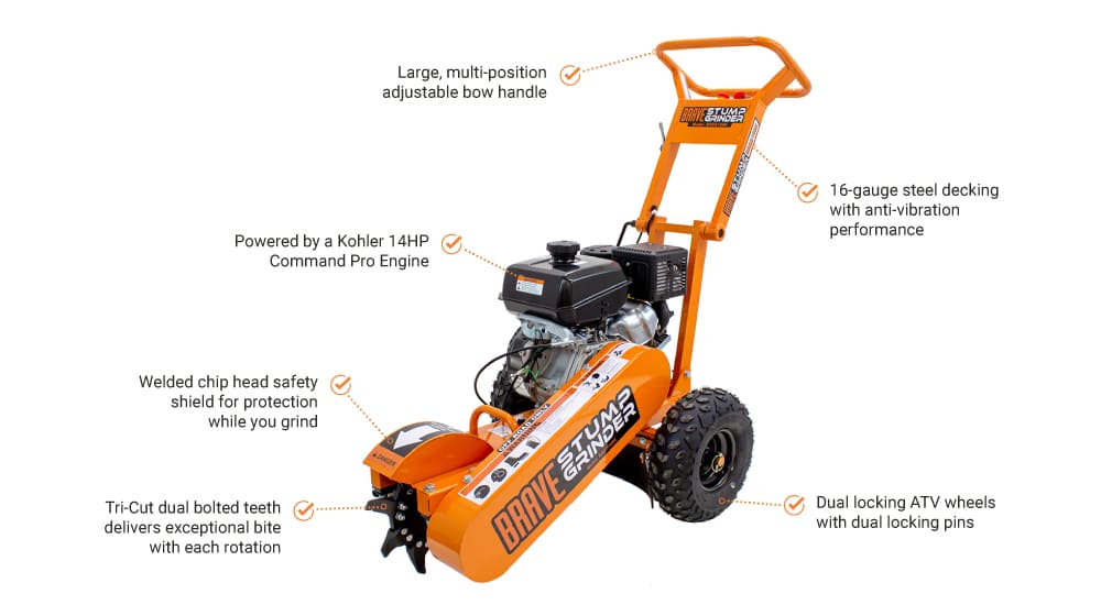 Orange bravepro stump grinder with text highlighting features on a white background