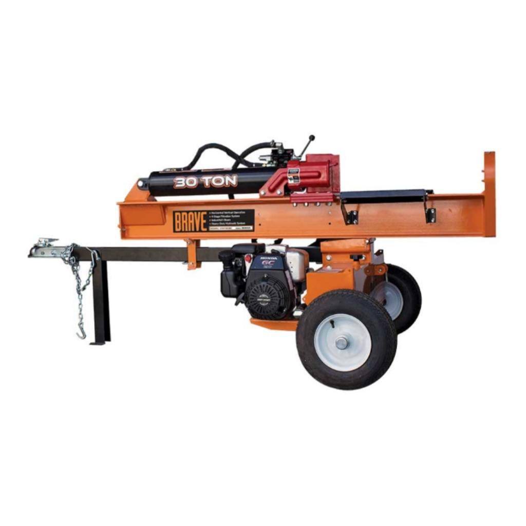 Orange bravepro 30 ton log splitter with 'Brave' branding on a white background.