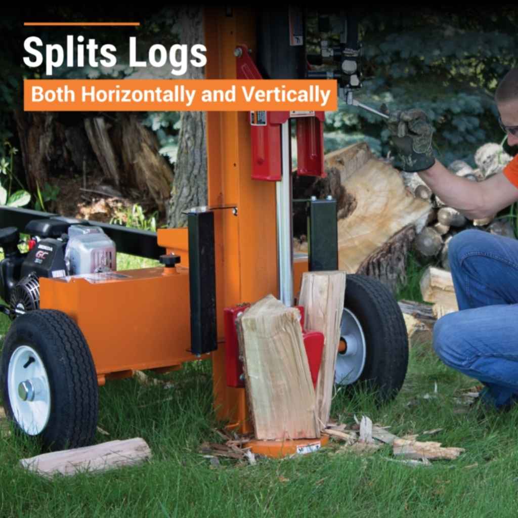 brave 30 ton towable log splitter being used to split logs outdoors.