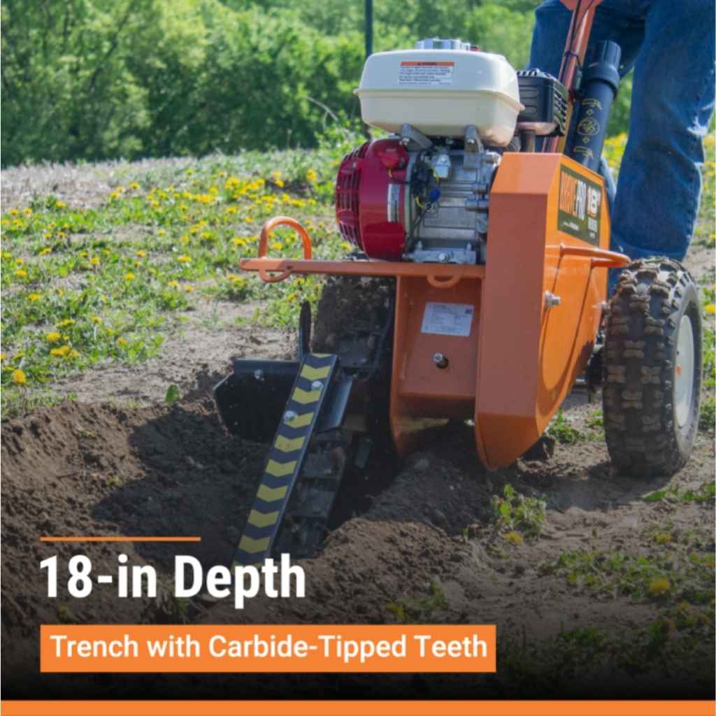 orange brave 18 inch trencher with carbide-tipped teeth in use on a field