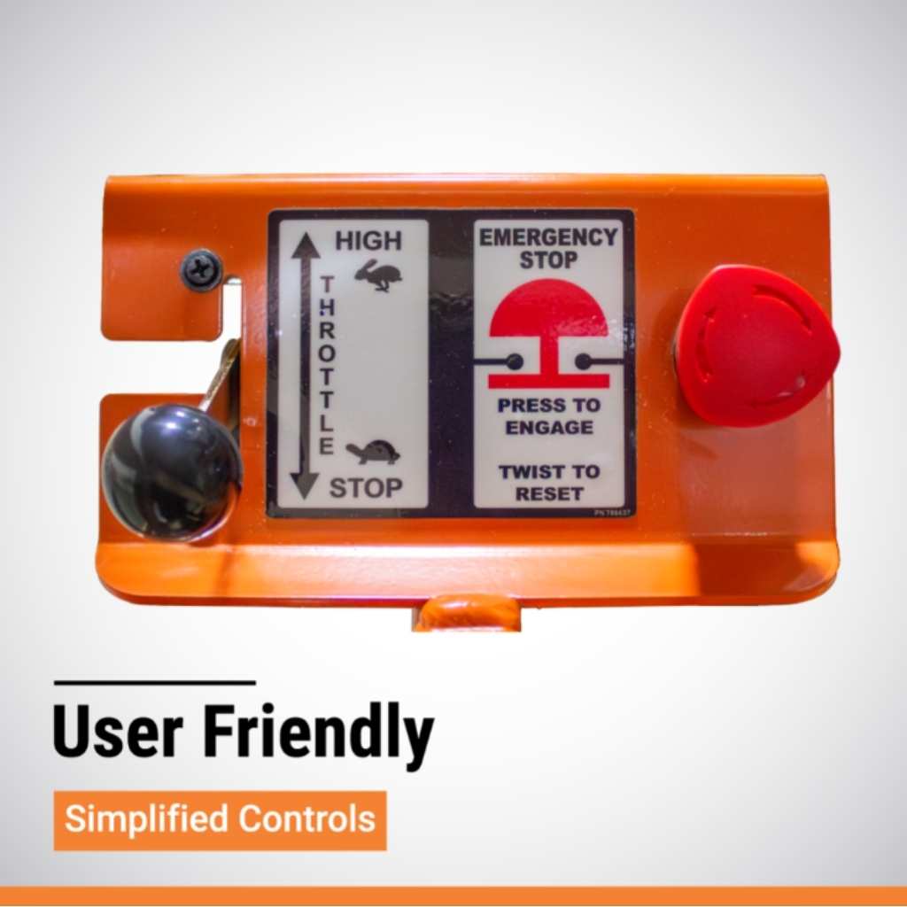 close up of the control panel of an orange brave pro 18 in. trencher with text saying that it has user friendly simplified controls on a white background.