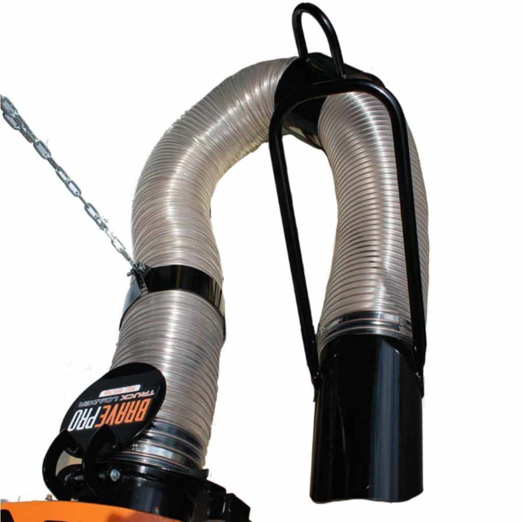 Metal exhaust pipe of a bravepro truck loader with black clamps on a white background