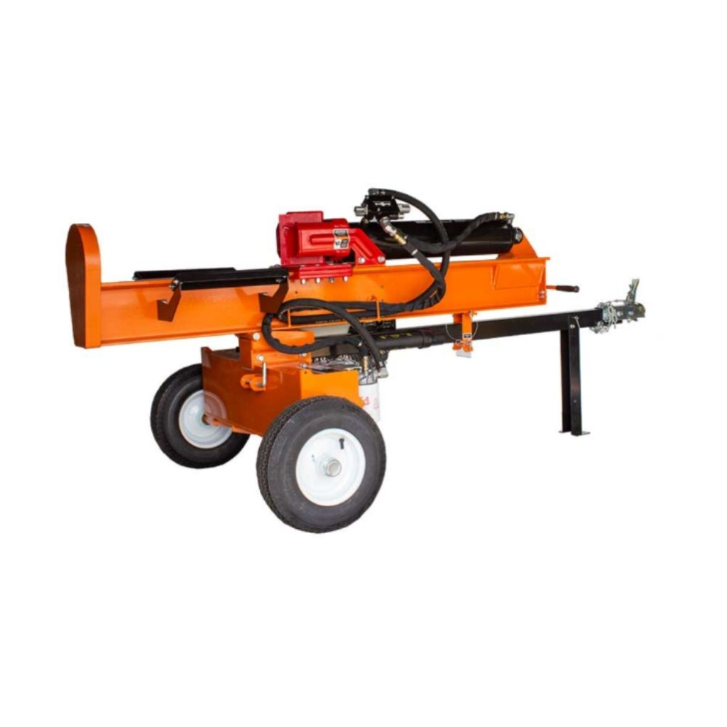 Orange brave pro 37 ton towable log splitter on a white background