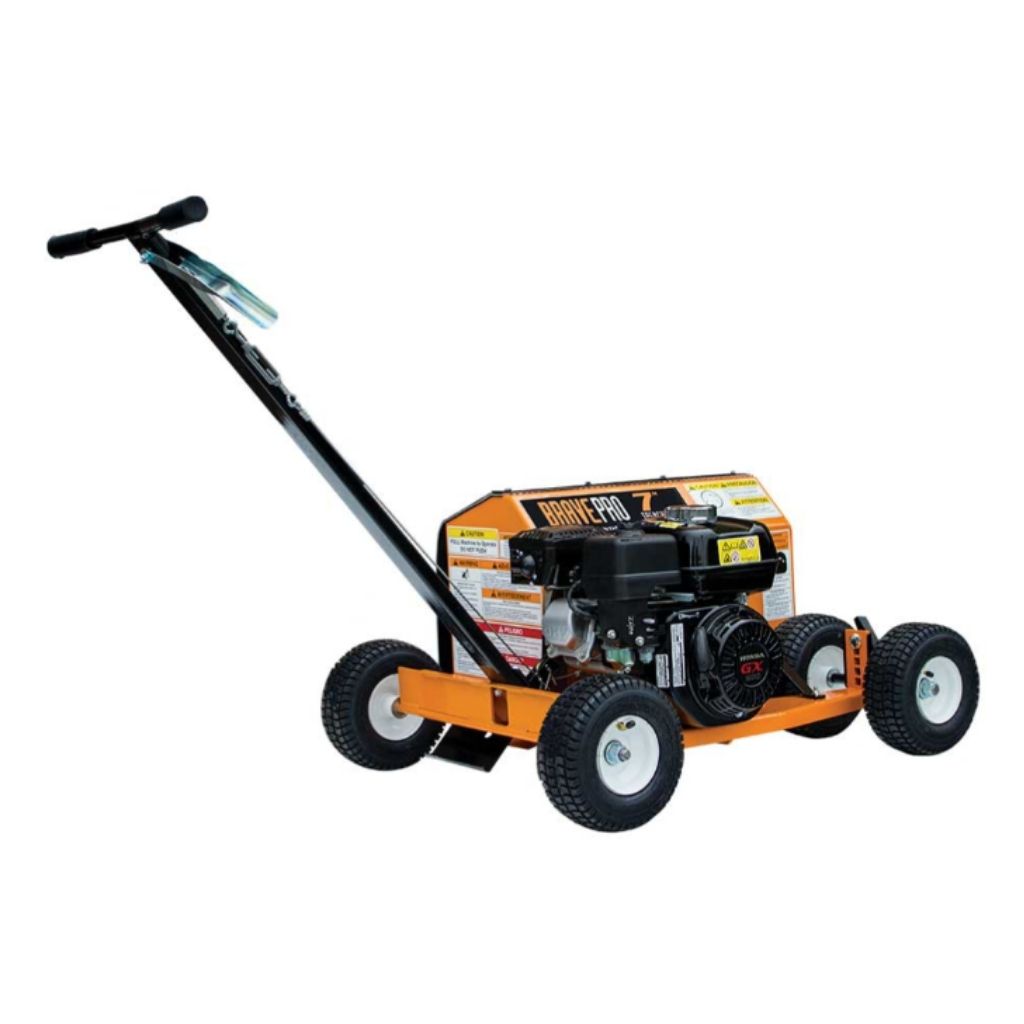 Orange and black Brave 7 mini trencher on a white background