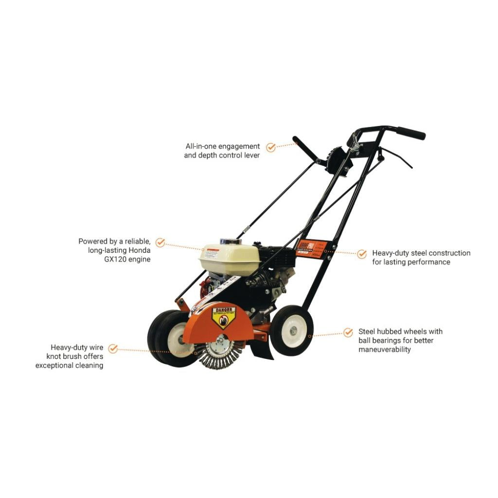 Orange Brave 8 inch crack cleaner with features highlighted on a white background