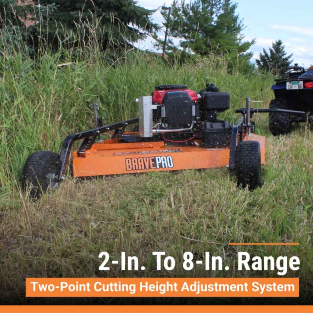Brave Pro rough cut pull behind mower in a grassy field with branding and product features displayed.