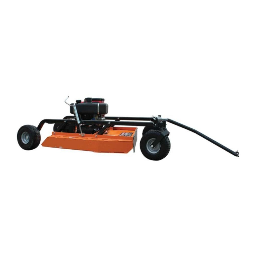 Orange brave pro rough cut tow behind mower with black wheels on a white background