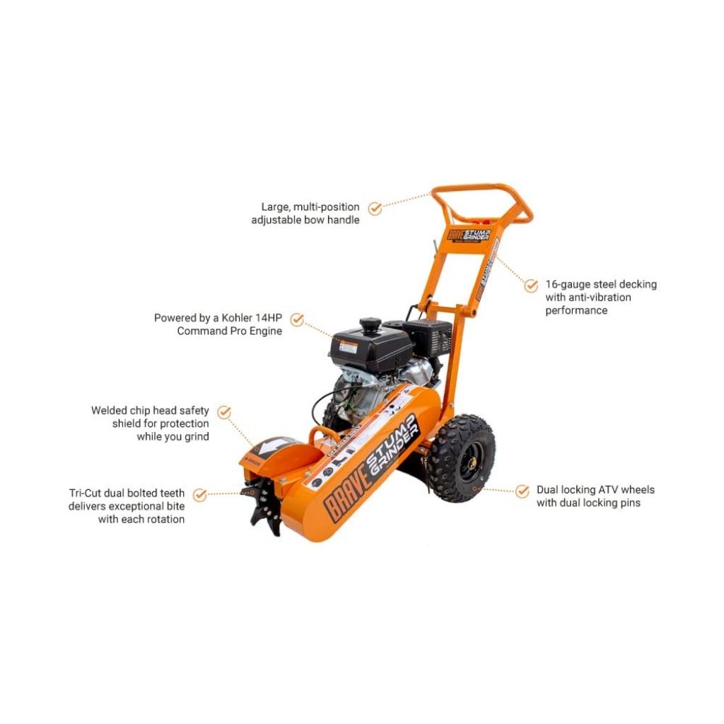 Orange brave stump grinder 14 hp with labeled features on a white background