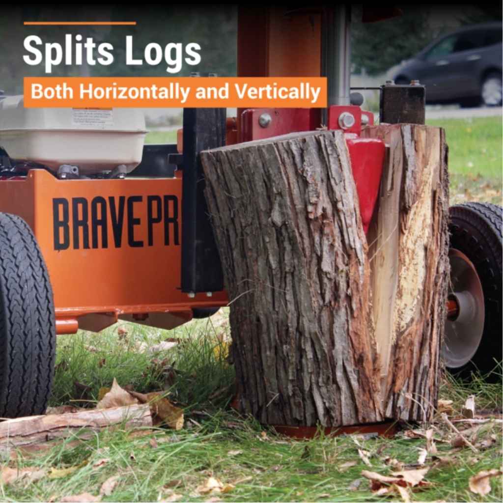 Brave Pro 37 ton log splitter with a split log on a grassy background
