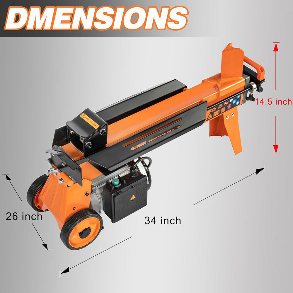 Orange and black Proyama log splitter with dimensions labeled on a gray background