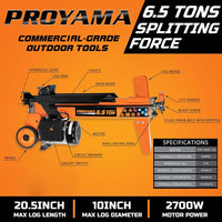 Proyama log splitter with specifications on an orange background