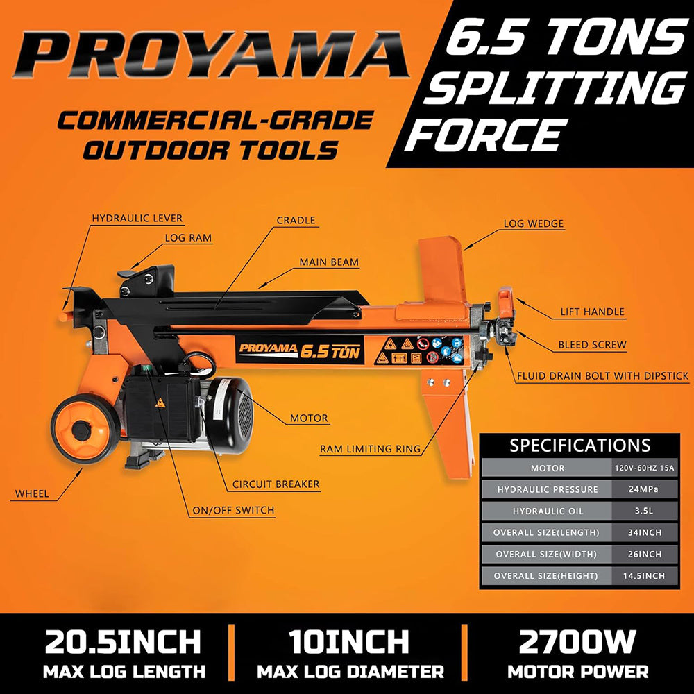 Proyama log splitter with specifications on an orange background