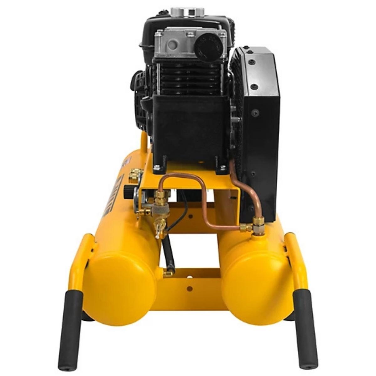 Yellow dewalt 8 gallon wheelbarrow 5.5 hp air compressor with black engine on a white background
