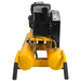 Yellow dewalt 8 gallon wheelbarrow 5.5 hp air compressor with black engine on a white background