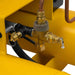 Close-up of a yellow Dewalt 5.5 hp 8 gallon air compressor with brass valves and hoses on a white background